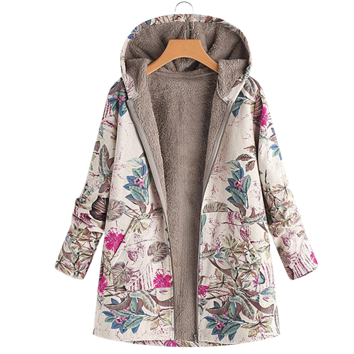 Les Odettes Munchen™ soft coat for women, long wool coat with floral print, hood, large pockets, perfect for winter wear.