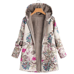 Les Odettes Munchen™ soft coat for women, long wool coat with floral print, hood, large pockets, perfect for winter wear.