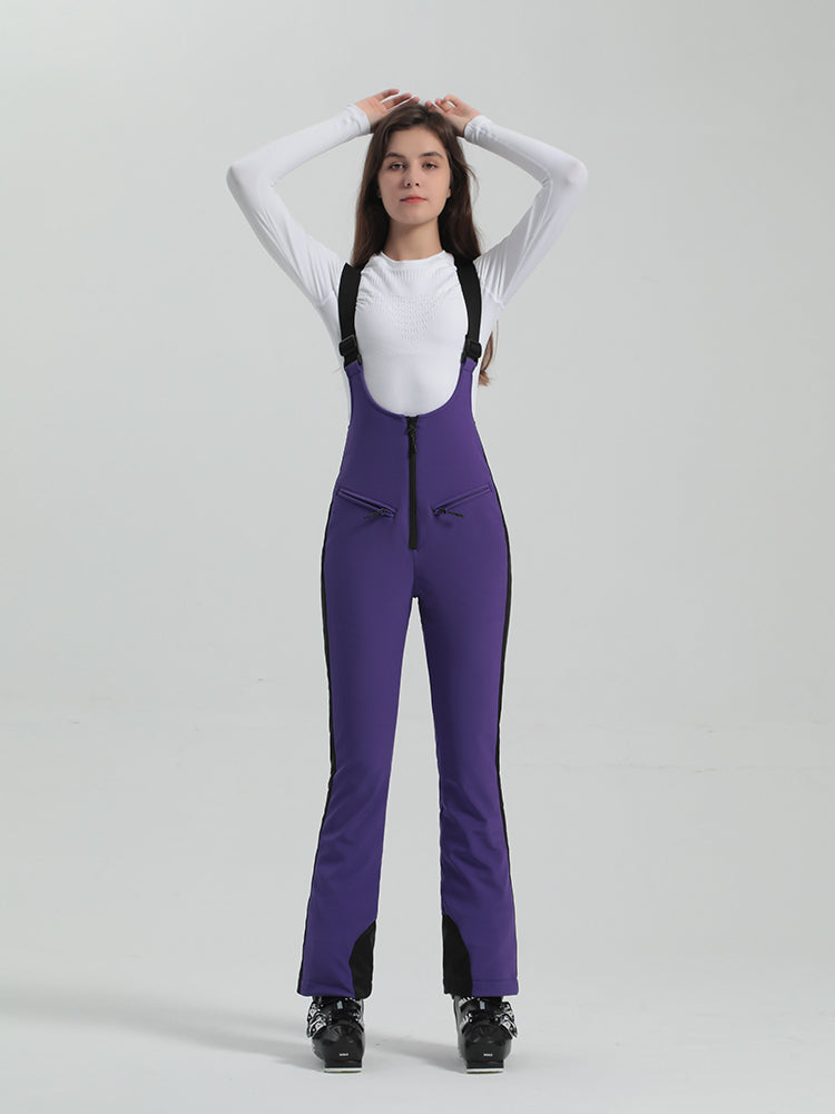 Les Odettes Gsou Snow Women's multi-color stretch fabric ski bibs, snowboard pants with adjustable straps and reinforced knees.