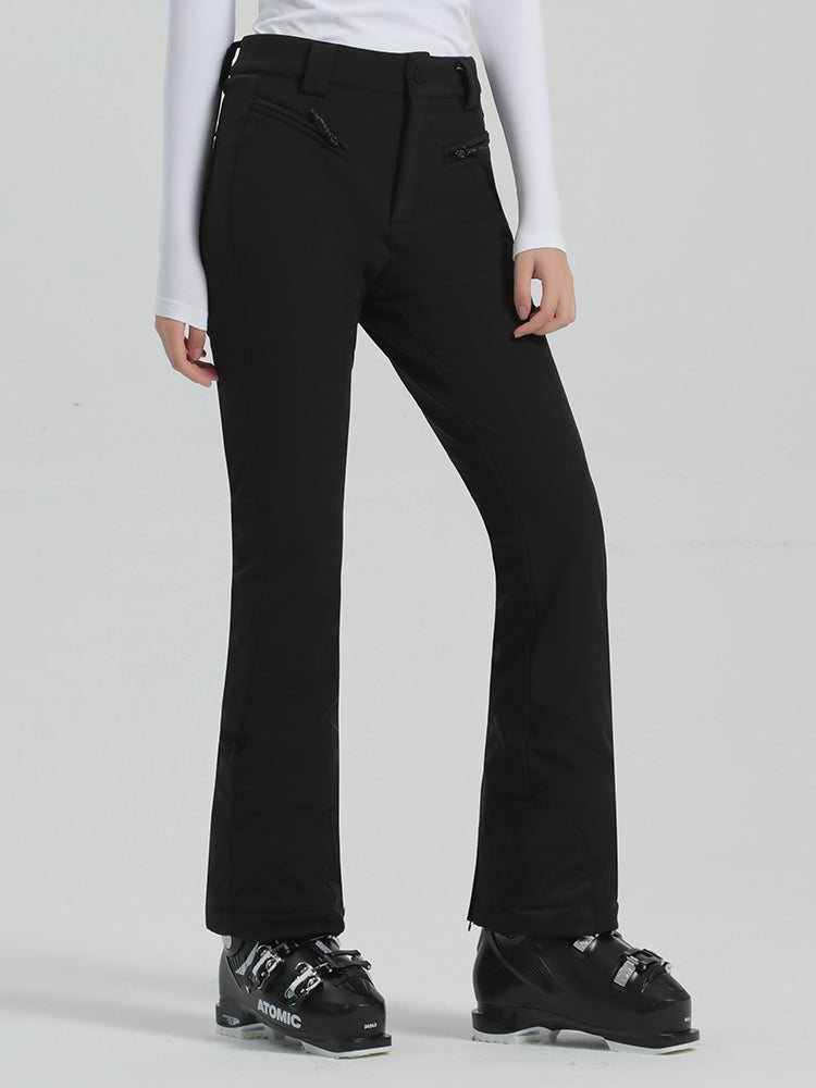 Les Odettes Gsou Snow women's slim high stretch ski pants, outdoor snowboard and ski pants, black color, close-up view