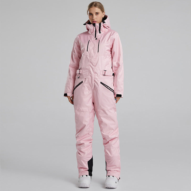 Les Odettes women's one-piece winter snowboard ski snowsuit in practical, stylish design with a fitted hood and snow-resistant fabric.