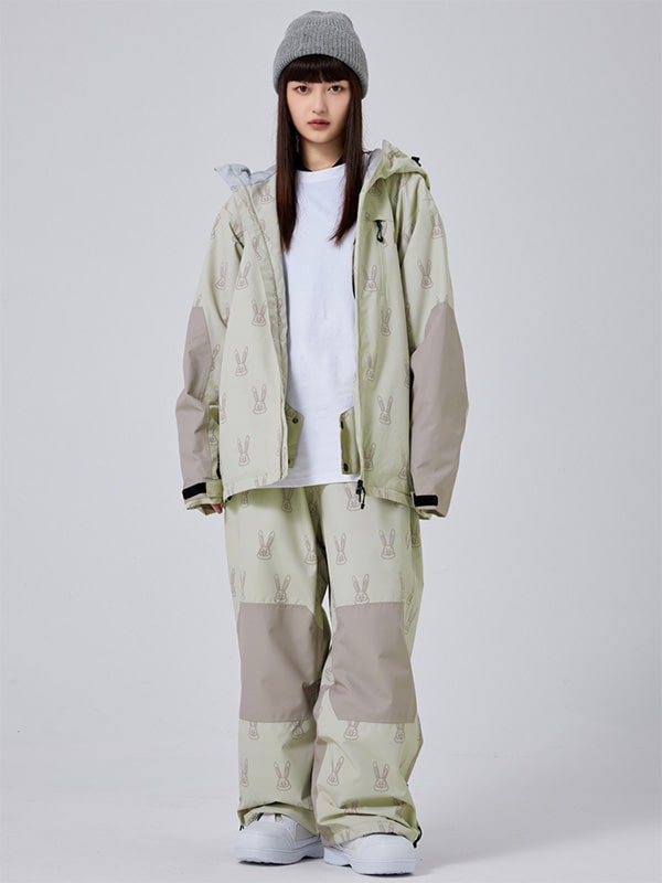 Women's Snow Rabbit Freeride Snowboard Suit by Les Odettes, featuring a cozy, stylish snowsuit with snow rabbit print and baggy fit.