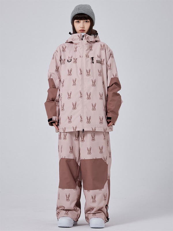 Women's Snowboard Suit by Les Odettes, adorable snow rabbit design, baggy freeride snowsuit for women, winter snowboarding gear