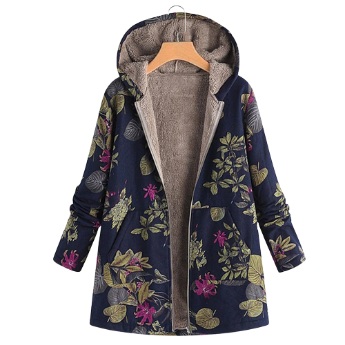 Les Odettes Munchen™ soft floral print coat for women, long wool coat with hood and large pockets, ideal for winter wear.