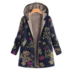 Les Odettes Munchen™ soft floral print coat for women, long wool coat with hood and large pockets, ideal for winter wear.
