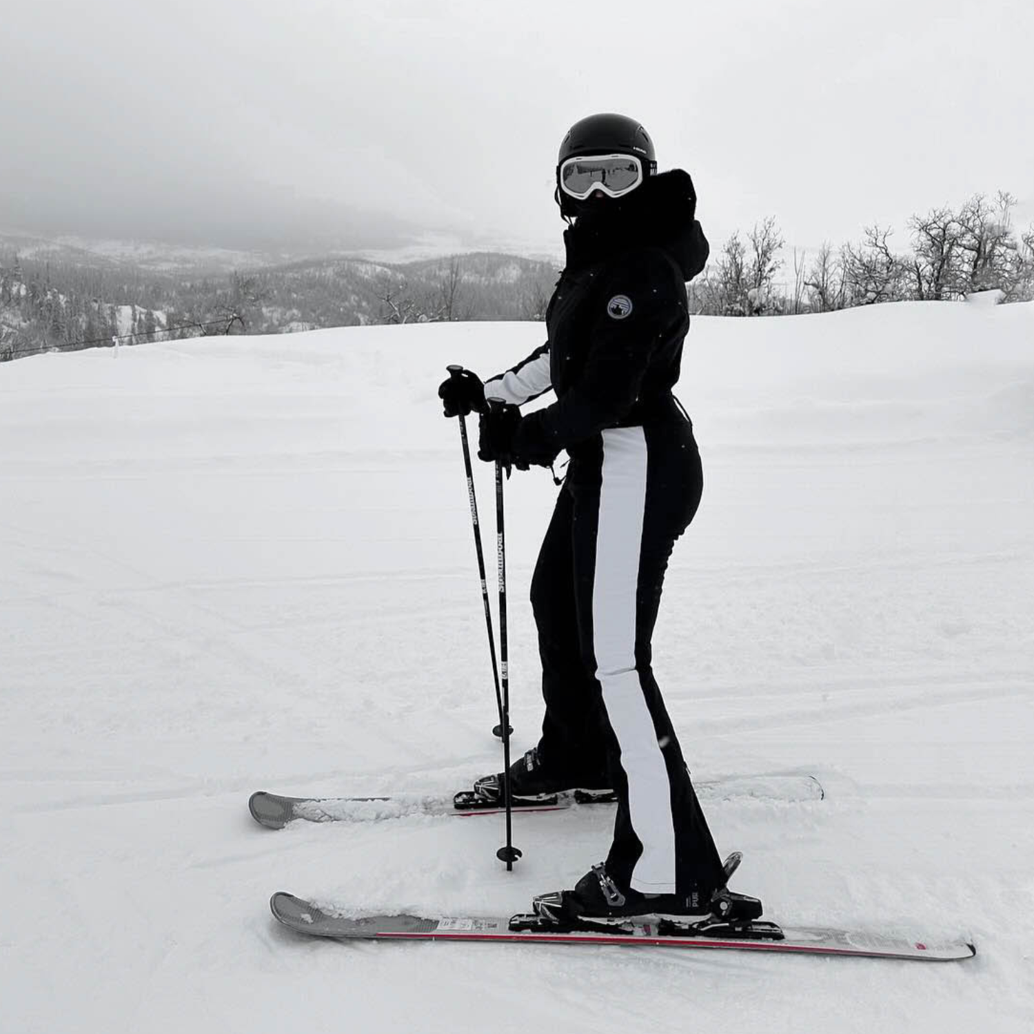 Les Odettes women's classic faux fur one-piece ski suit, insulated winter ski outfit with hood and full-length zipper.