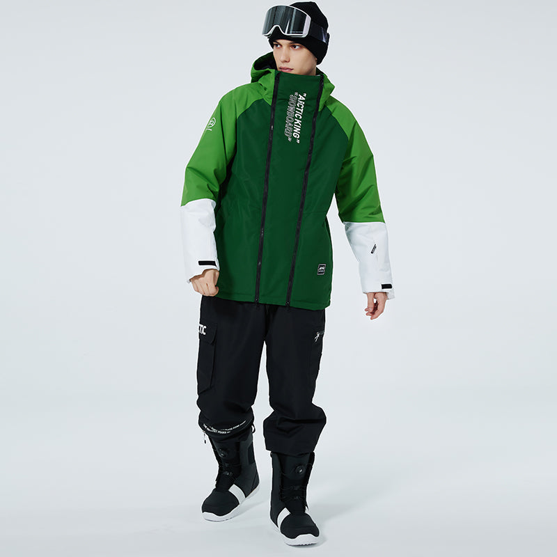 Men's winter snowboard suit by Les Odettes, impression zip snow suit with insulated design for cold weather snowboarding.