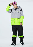 Men's Les Odettes Arctic King winter sport snow jacket and pants set, men's snowboard suit with insulated outerwear and snow gear.