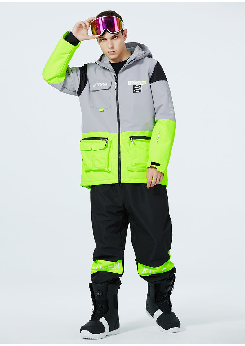 Men's Les Odettes Arctic King winter sport snow jacket and pants set, men's snowboard suit with insulated outerwear and snow gear.