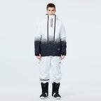 Men's snowboarding winter suit by Les Odettes, zip-up design, insulated snow suit with a hood, ideal for cold weather and snowboarding.