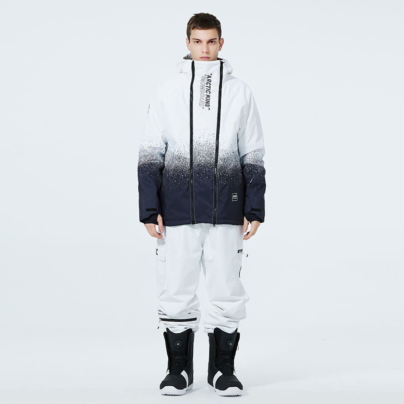 Men's snowboarding winter suit by Les Odettes, zip-up design, insulated snow suit with a hood, ideal for cold weather and snowboarding.