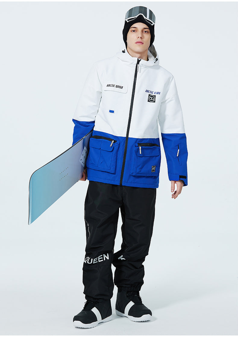 Men’s Arctic King winter sport snowboard suit by Les Odettes, featuring a snow jacket and pants set for cold weather and snowboarding.
