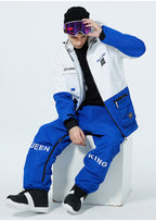 Men's Arctic King winter sport snowboard suit by Les Odettes, featuring jacket and pants set with snowboarding gear details.
