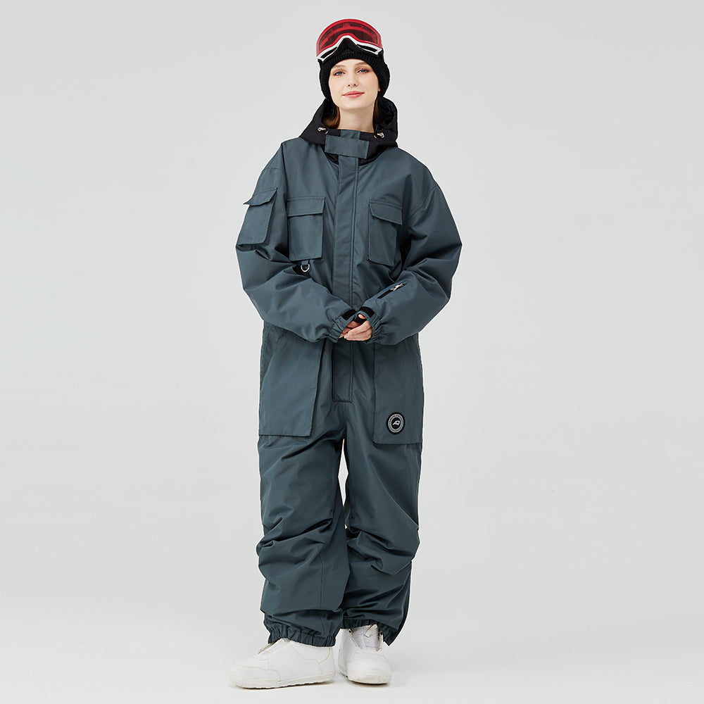 Women’s Arctic Queen IceStorm mountain adventure one-piece snowsuit by Les Odettes, featuring insulated design and snow-resistant fabric.