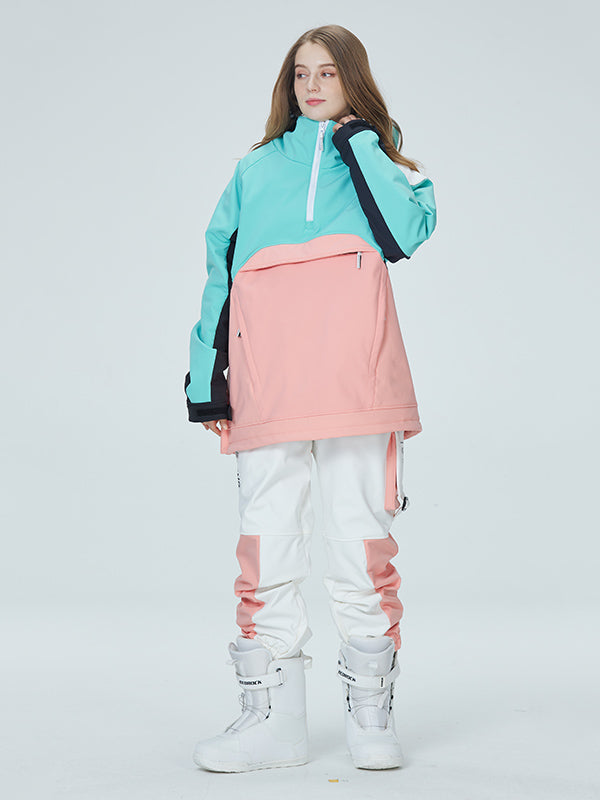 Women's Arctic Queen Mountain Star color block anorak snow jacket by Les Odettes, featuring a vibrant winter-ready design and adjustable hood.