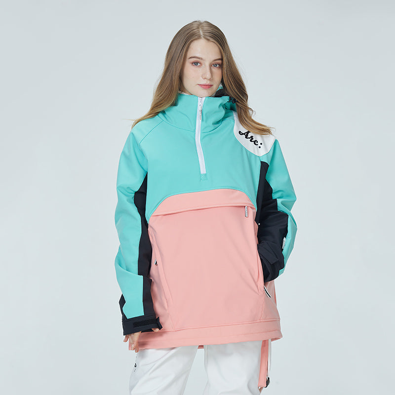 Women's Arctic Queen Mountain Star color block anorak snow jacket by Les Odettes, featuring a vibrant, insulated winter outerwear design.