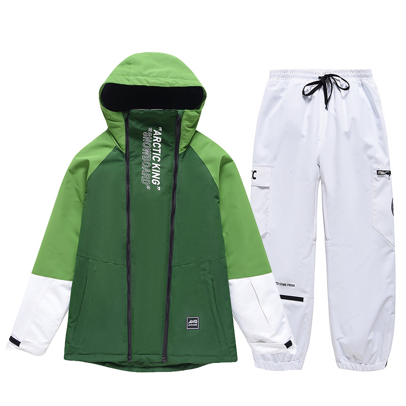Men's winter snowboard suit by Les Odettes with a zip front, designed for warmth and snowboarding durability.