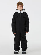 Kids' unisex mountain explorer waterproof one-piece snow suit by Les Odettes, featuring a bright, insulated design for winter outdoor play.
