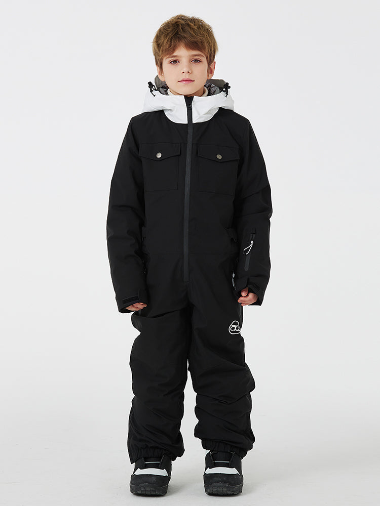 Kids' unisex mountain explorer waterproof one-piece snow suit by Les Odettes, featuring a bright, insulated design for winter outdoor play.
