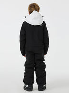 Kid's unisex Les Odettes mountain explorer waterproof one-piece snow suit with hood and zippers, suitable for winter outdoor play.