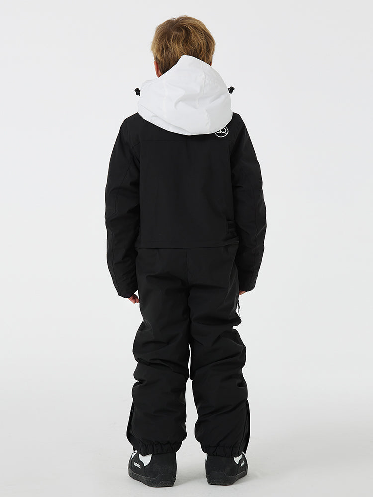 Kid's unisex Les Odettes mountain explorer waterproof one-piece snow suit with hood and zippers, suitable for winter outdoor play.