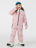 Kids' unisex mountain explorer waterproof one-piece snow suit by Les Odettes, featuring a colorful design and insulated for winter play.