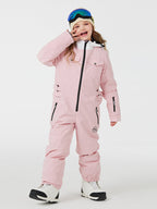 Kids' unisex mountain explorer waterproof one-piece snow suit by Les Odettes, featuring a colorful design and insulated for winter play.