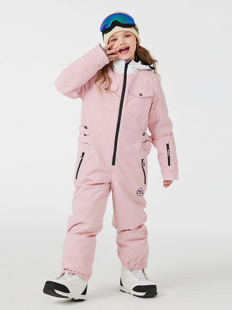 Kids' unisex mountain explorer waterproof one-piece snow suit by Les Odettes, featuring a colorful design and insulated for winter play.