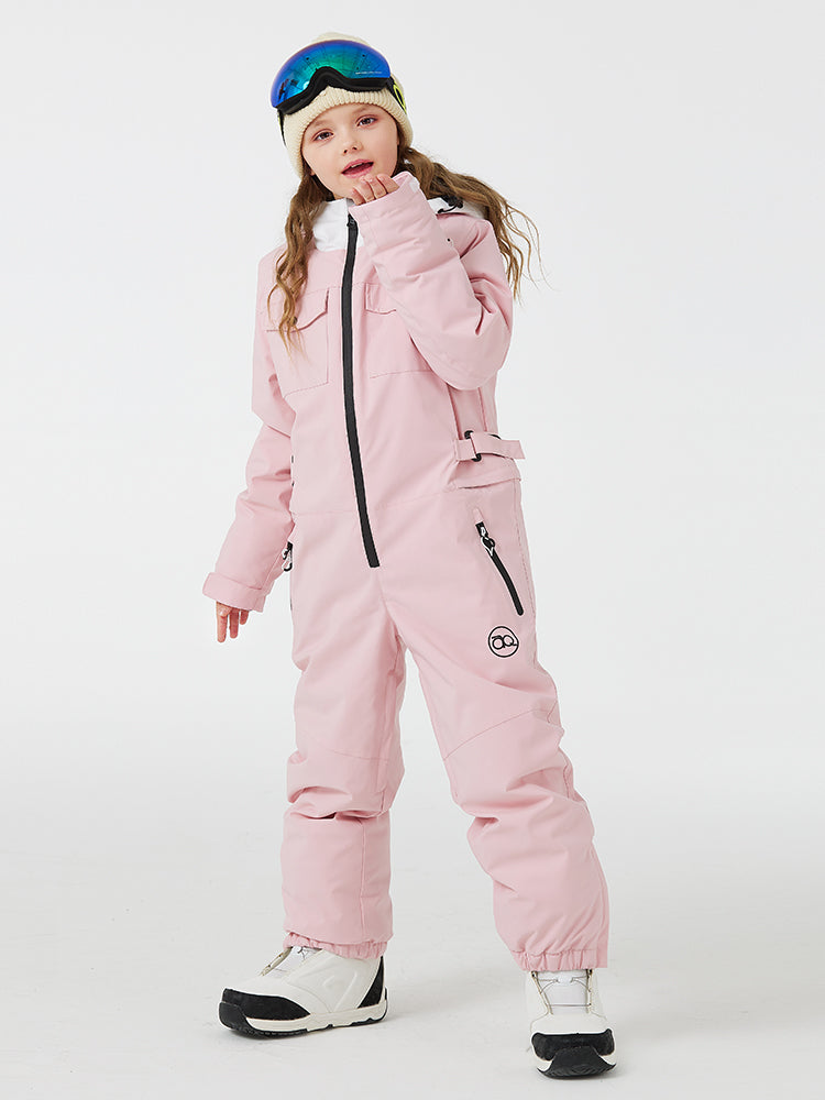 Kid's unisex mountain explorer waterproof one-piece snow suit by Les Odettes, featuring bright colors and insulated design for winter play.