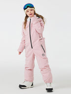 Kid's unisex mountain explorer waterproof one-piece snow suit by Les Odettes, featuring bright colors and insulated design for winter play.