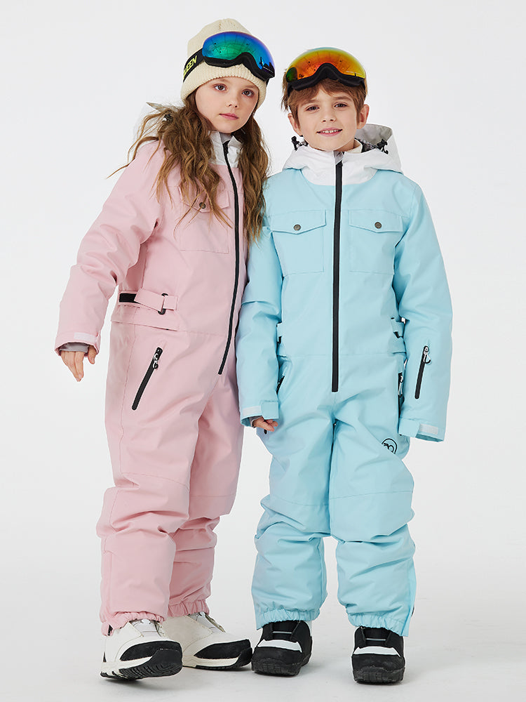 Kids' unisex mountain explorer waterproof one-piece snow suit by Les Odettes, showing the bright blue winter snow suit with hood.