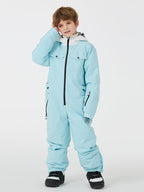 Kid's unisex Les Odettes mountain explorer waterproof one-piece snow suit with hood and zippers, designed for winter outdoor play.