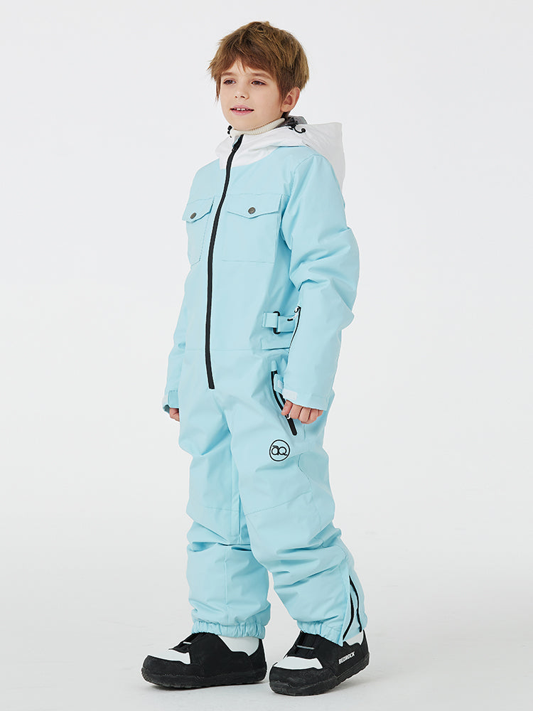 Kid's unisex mountain explorer waterproof one-piece snow suit by Les Odettes, featuring a colorful, insulated design for winter play.