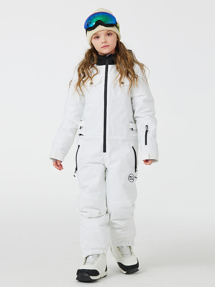 Kid's unisex mountain explorer waterproof one-piece snow suit by Les Odettes, showing the insulated, snow-resistant design and bright color.