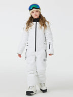 Kid's unisex mountain explorer waterproof one-piece snow suit by Les Odettes, showing the insulated, snow-resistant design and bright color.