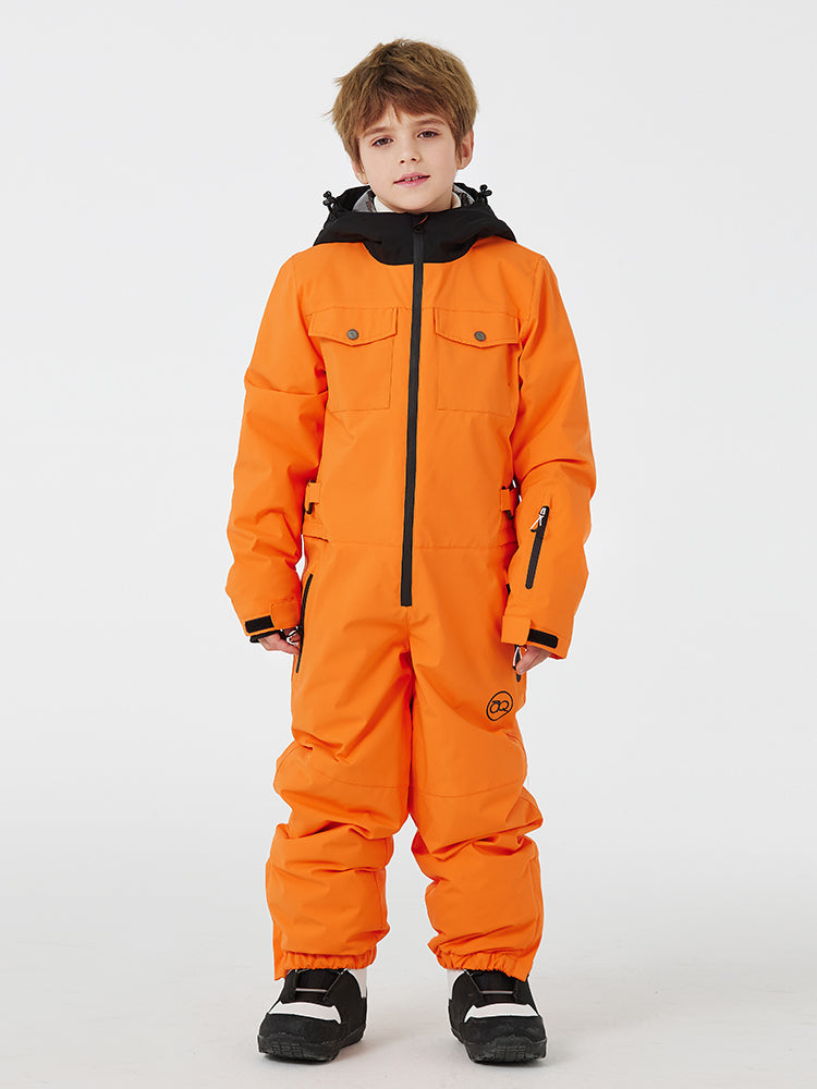 Kids' unisex mountain explorer waterproof one-piece snow suit by Les Odettes, featuring a durable, insulated design for winter outdoor activities.