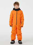 Kids' unisex mountain explorer waterproof one-piece snow suit by Les Odettes, featuring a durable, insulated design for winter outdoor activities.