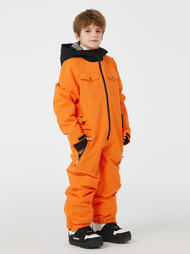 Kids' unisex mountain explorer waterproof one-piece snow suit by Les Odettes, featuring a hood and snow-resistant fabric.