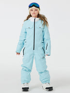 Kids' unisex Mountain Explorer waterproof one-piece snow suit by Les Odettes, featuring a bright, insulated winter snow suit for children.