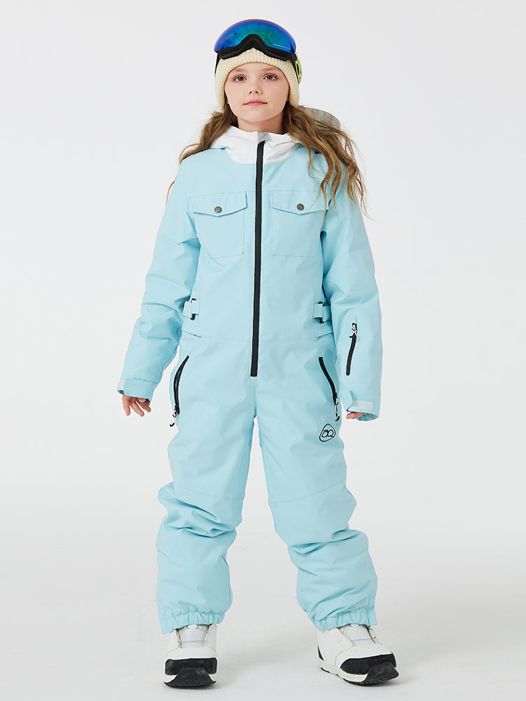 Kids' unisex Mountain Explorer waterproof one-piece snow suit by Les Odettes, featuring a bright, insulated winter snow suit for children.