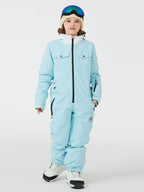 Kid's unisex mountain explorer waterproof one-piece snow suit by Les Odettes, featuring a sturdy, insulated design for winter play.