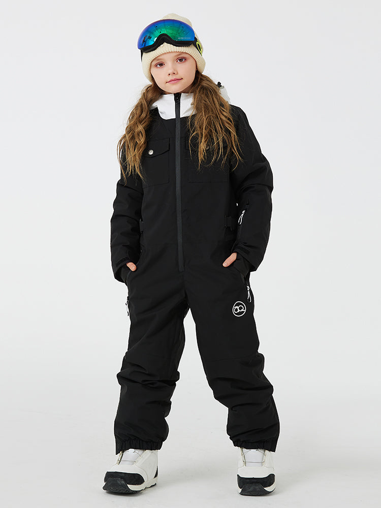 Kids' unisex mountain explorer waterproof one-piece snow suit by Les Odettes, featuring a cozy, insulated design for winter outdoor activities.