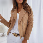 Black Ellen™ Classic Biker Jacket by Les Odettes with silver zipper details and fitted style, shown on a mannequin.