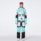 Women's SpeedPanda Mountain Alpine GlacierPro Extreme onesie jumpsuit by Les Odettes, shown in a close-up view highlighting fabric details.