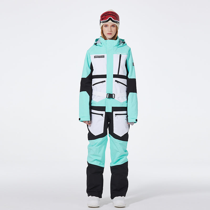 Women's SpeedPanda Mountain Alpine GlacierPro Extreme onesie jumpsuit by Les Odettes, shown in a close-up view highlighting fabric details.
