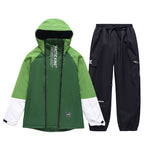 Men's winter snow suit by Les Odettes, featuring a zip-up snowboard suit with insulated, waterproof fabric and a hood for cold weather.