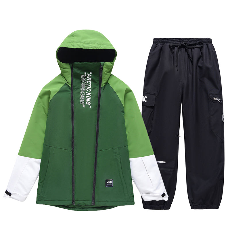 Men's winter snow suit by Les Odettes, featuring a zip-up snowboard suit with insulated, waterproof fabric and a hood for cold weather.