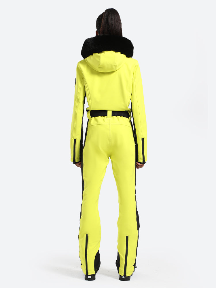Les Odettes women's classic faux fur one-piece ski suit with hood, front zipper, and insulated design for winter skiing.