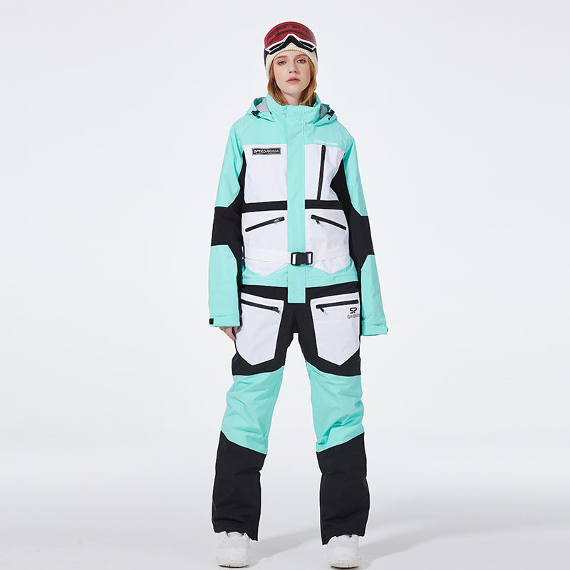 Les Odettes Women's SpeedPanda Mountain Alpine GlacierPro Extreme one-piece jumpsuit with insulated design and zipper front.