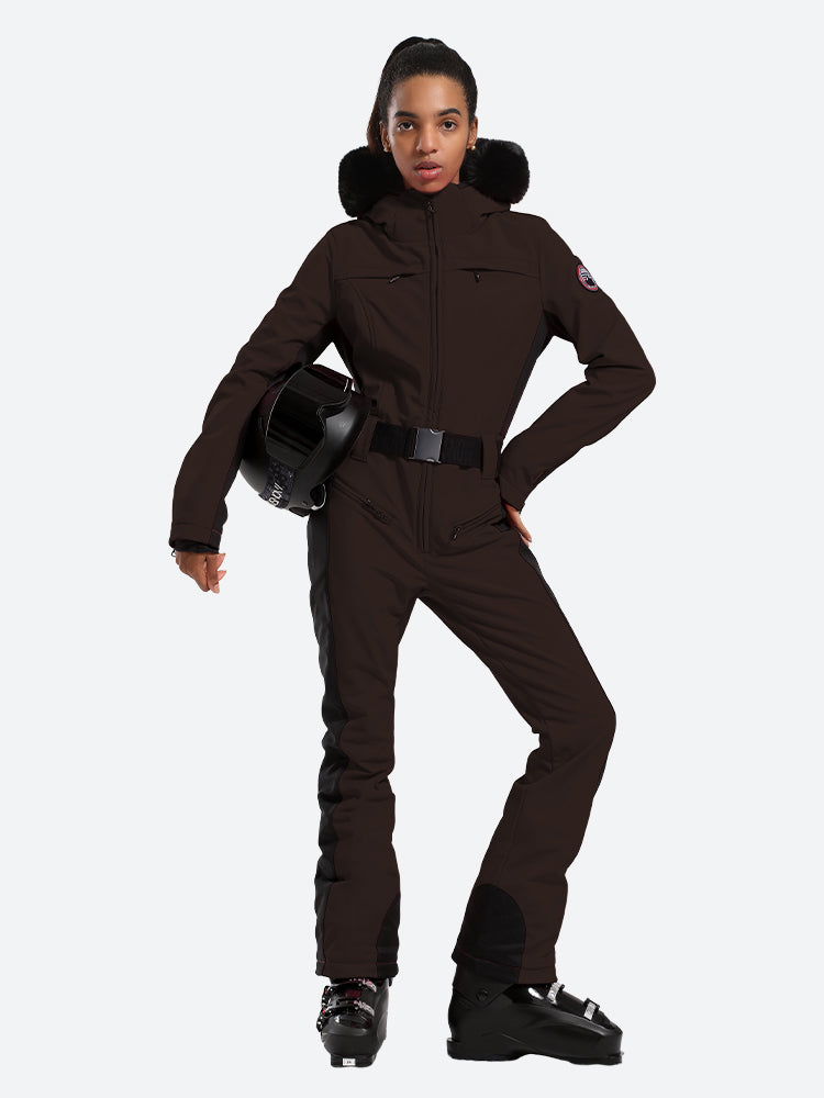 Les Odettes women's classic faux fur one-piece ski suit with a fitted design, suitable for winter snow skiing.